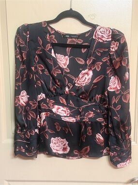 Zara Black Satin Floral V-Neck Blouse with Rose Print